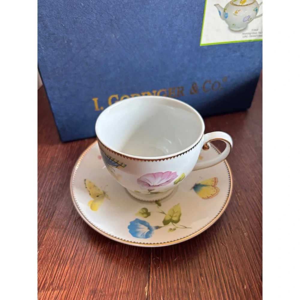 I. Godinger & Co Morning Glory Tea Set Teapot 4 Cups 4 Saucers Butterfly Floral